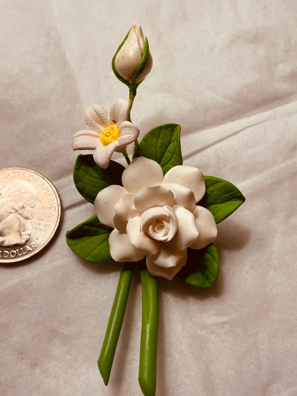 White Gardenia Floral Brooch with Green Leaves